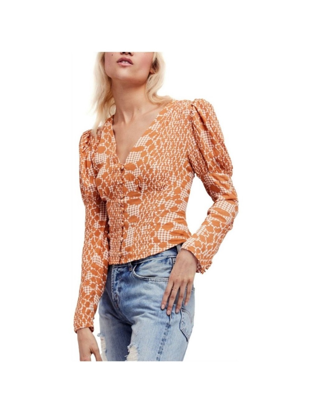 Free People Sweet On You White and Orange Patterned Blouse Women’s Small NWT